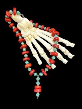 Vintage Southwest Sterling Silver Red Coral & Green Turquoise Pendant Necklace